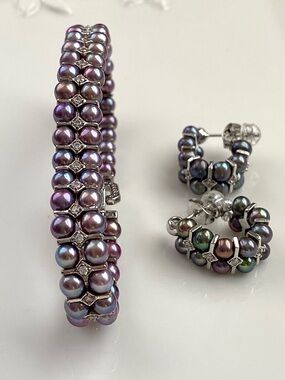Premium Round Blueberry Double Layer Pearl Bracelet And Matching Earring